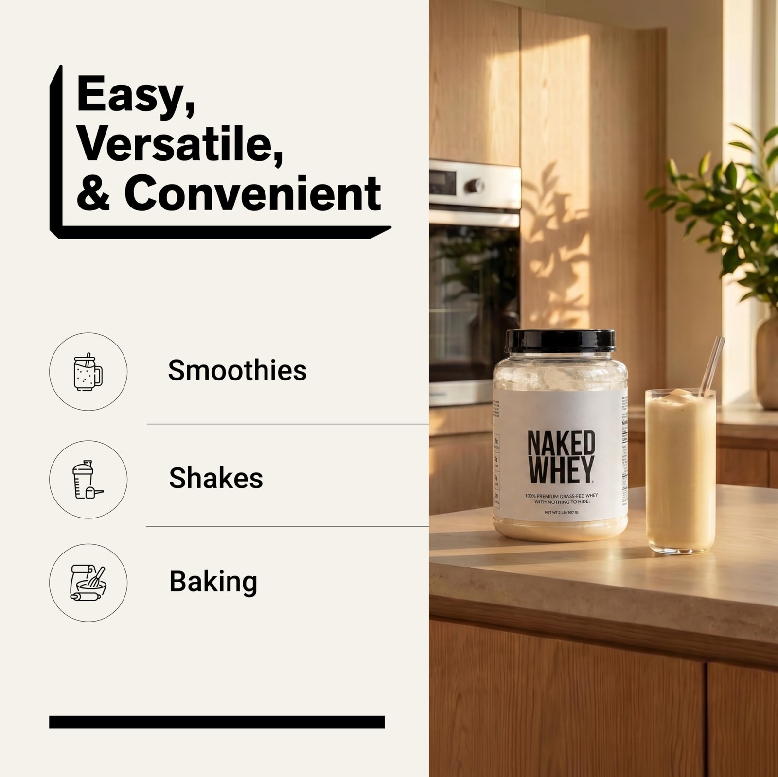 NAKED Whey 2LB 100% Grass Fed Whey Protein Powder Only 1 Ingredient, Unflavo…