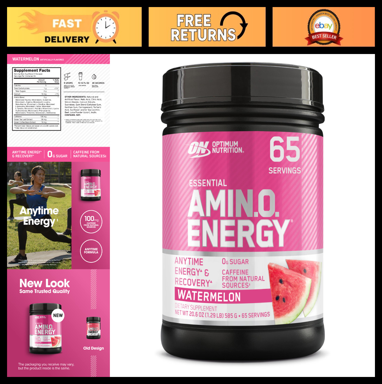 Amino Energy Pre Workout Powder – BCAA, Amino Acids, Green Tea, Keto, Watermelon
