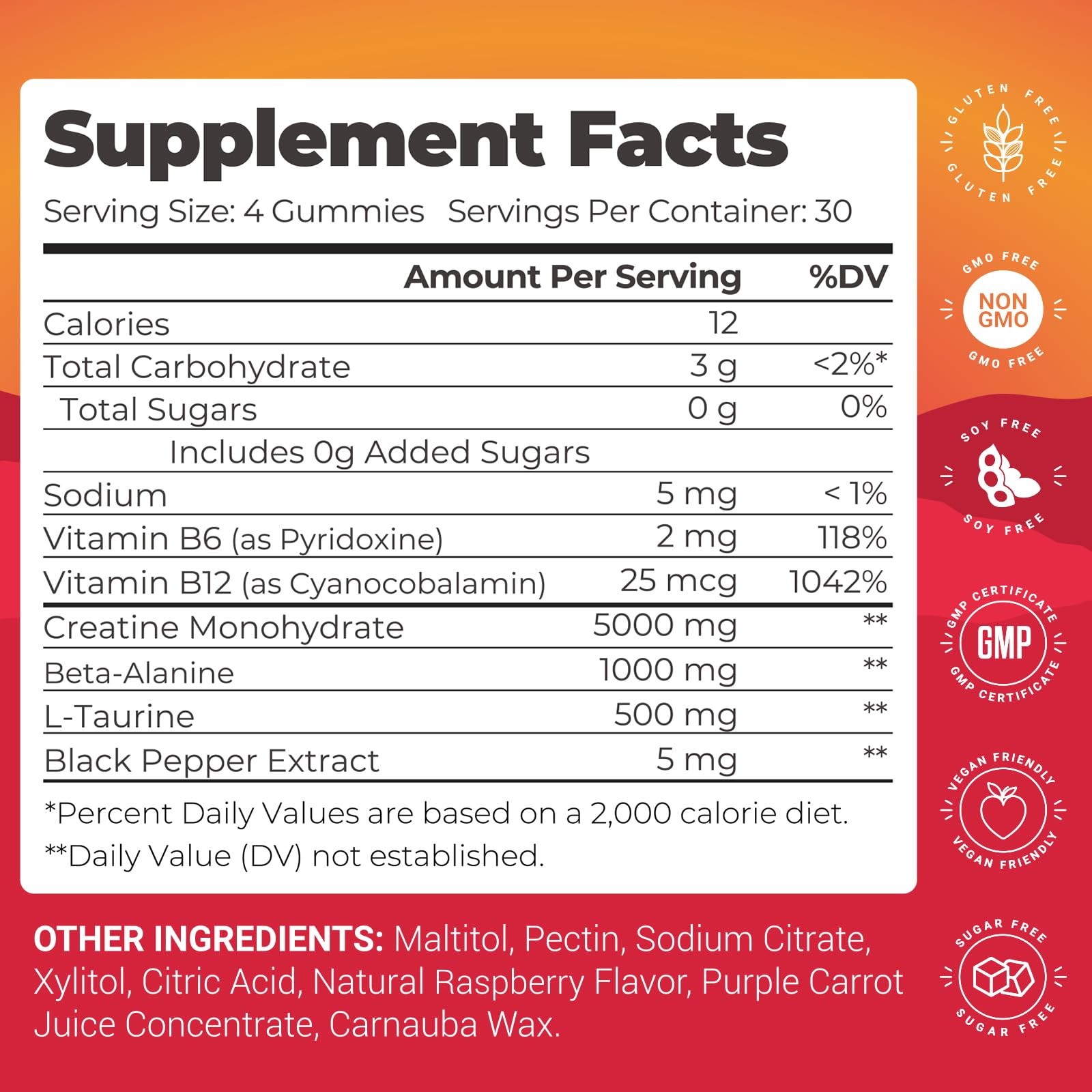 Creatine Monohydrate Gummies 5000mg, Sugar Free Vegan, 120 Count, with Beta-A…