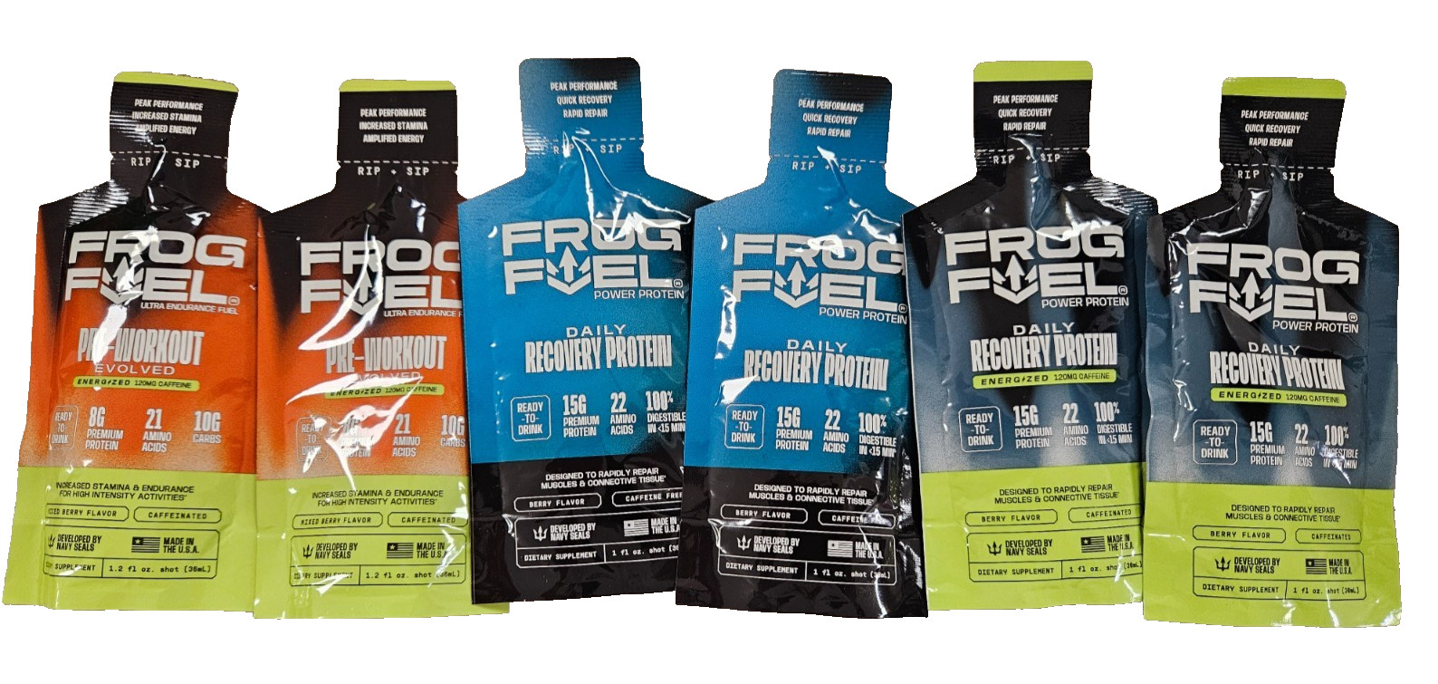 Frog Fuel Power Shot TRIAL SET – 6 POUCHES – 2 ORANGE, 2 BLUE, 2 GREEN