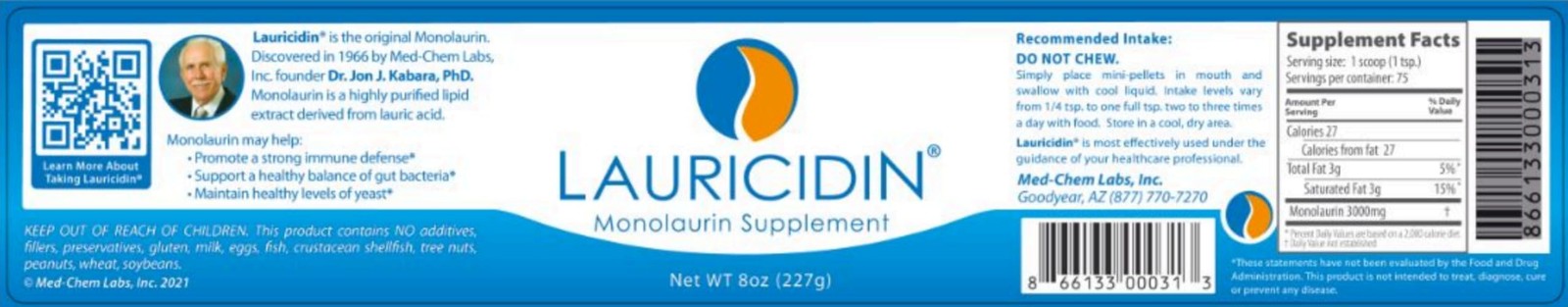 Lauricidin The Original Monolaurin Supplement 3000mg per Serving 227g Jar Immune