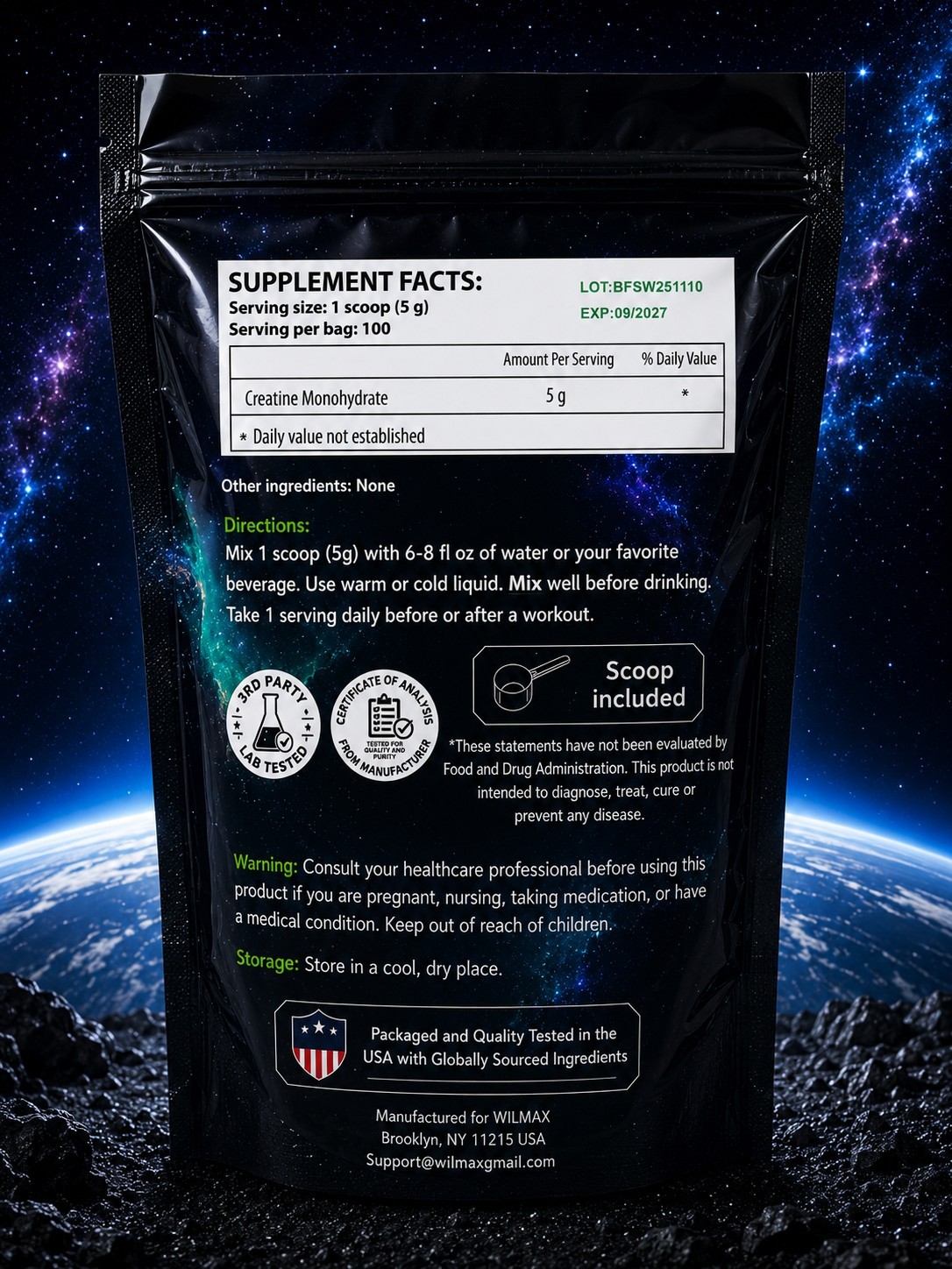 WilMax Creatine Monohydrate Powder 17.6 oz Micronized Unflavored 100 Servings