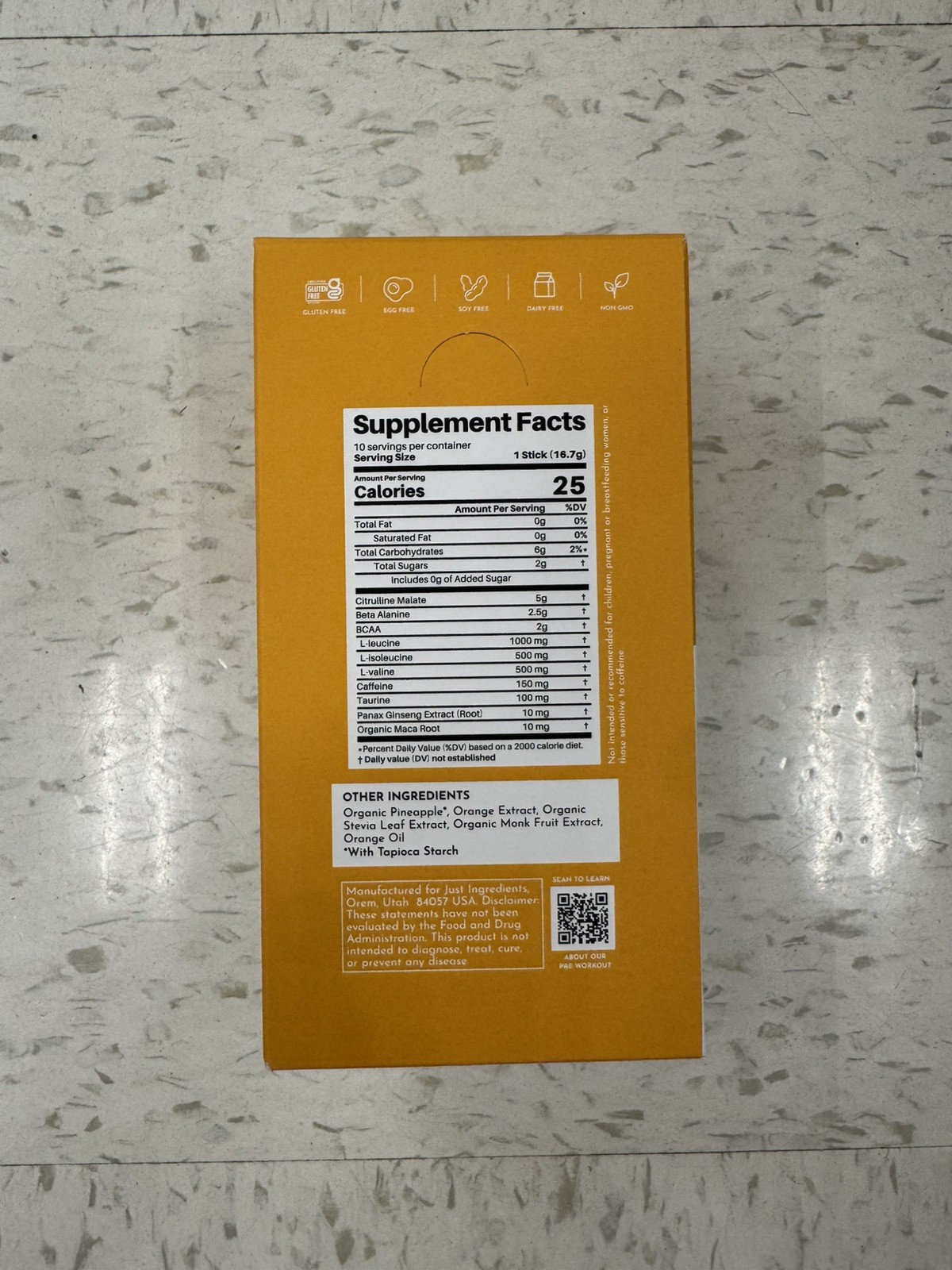 *2*JUST INGREDIENTS Pre-Workout Sports Drink Powder Packet Orange Pineapple-10ct
