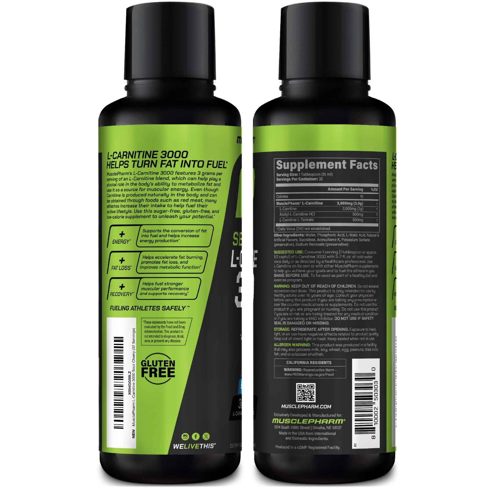 MusclePharm High Performance Liquid L-Carnitine 3000 Blue Raspberry 32 Servings