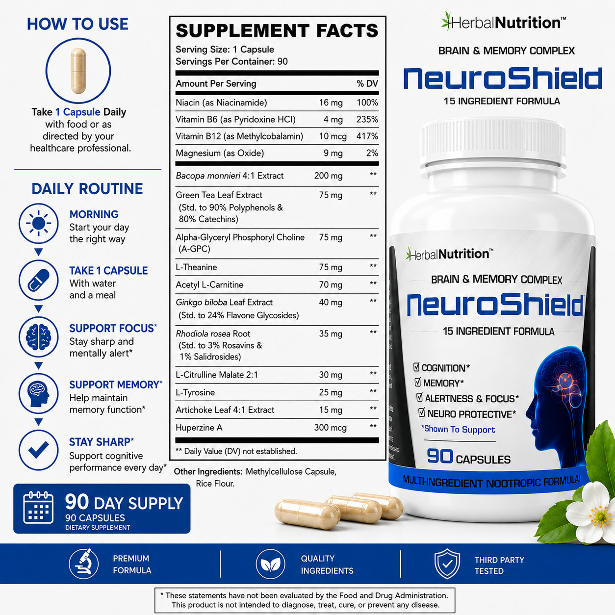 Brain Booster Supplement for Brain and Memory Cognition, Bacopa, Huperzine 90 Ct