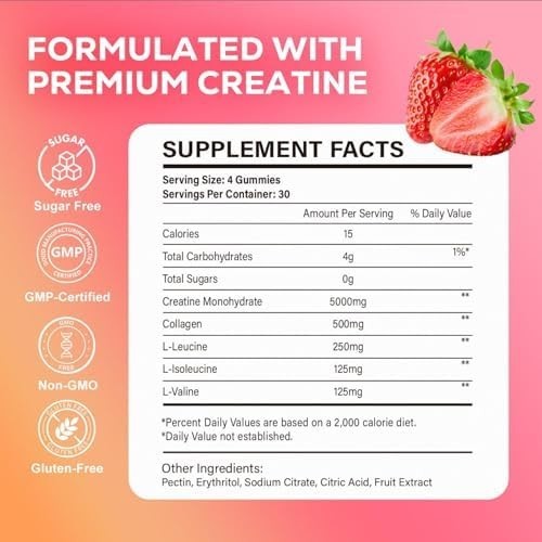 Creatine Gummies, Creatine Monohydrate Gummies for Men & Women with Collagen, BC