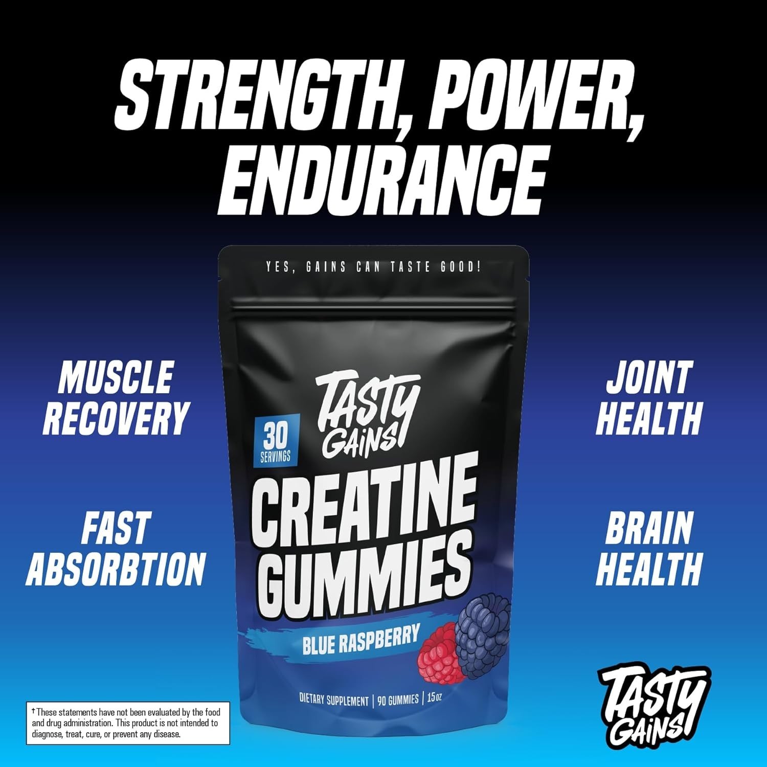 TASTY GAINS Creatine Gummies – 90g of Creatine Monohydrate – Blue Raspberry