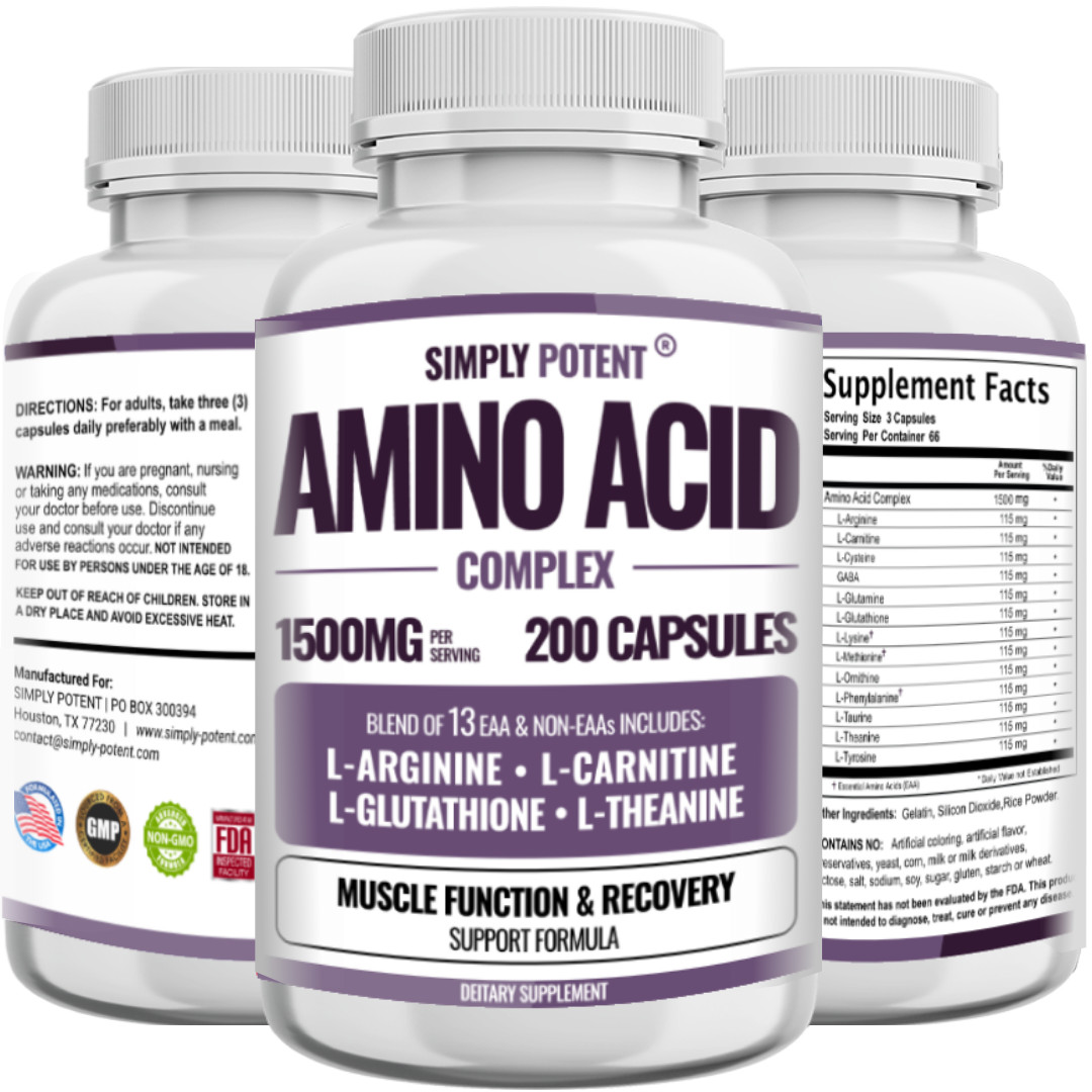 Amino Acid Complex 1500mg 200 Capsules – 13 Aminos with L-Arginine L-Glutathione