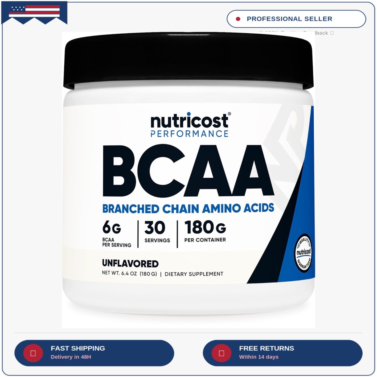 BCAA Powder (Unflavored, 30 Servings) – Vegetarian, Non-GMO, Gluten Free, Optima