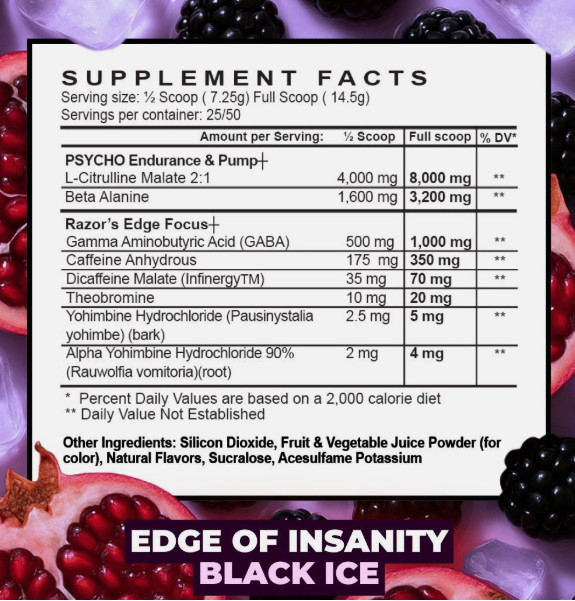 PSYCHO PHARMA EDGE OF INSANITY Pre Workout Energy Focus Endurance 25 Servings