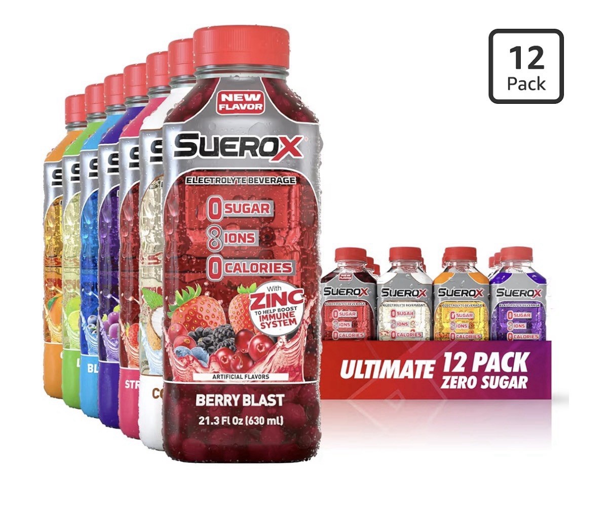 SueroX Electrolyte Drink Ultimate Pack 8 Ions for Hydration 21.3 Fl Oz 12 Count