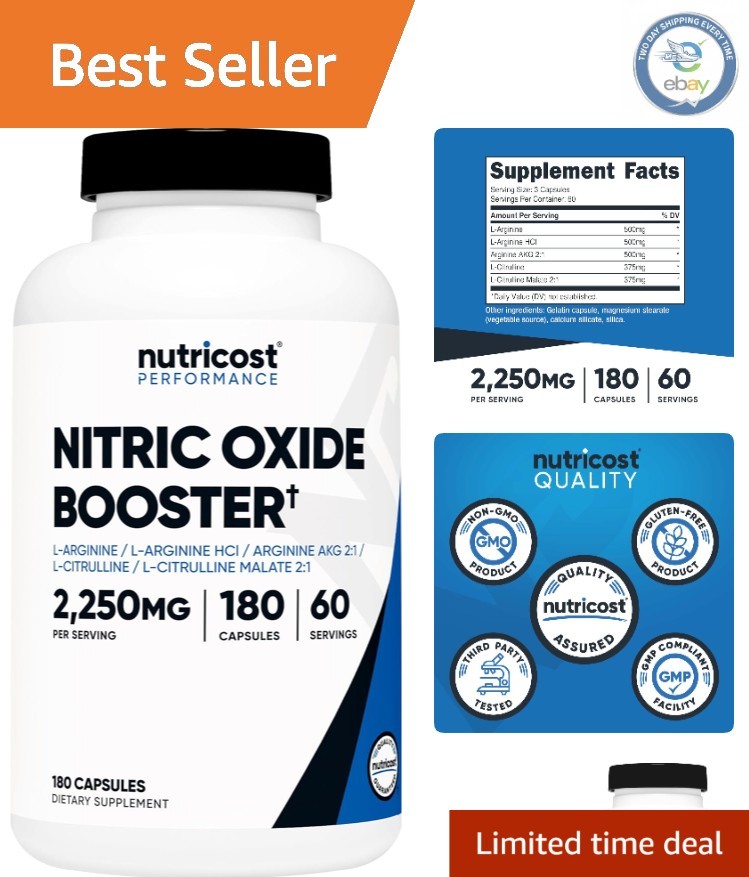 Nitric Oxide Booster 2250mg – 60 Servings of 180 Capsules for Active Lifestyles