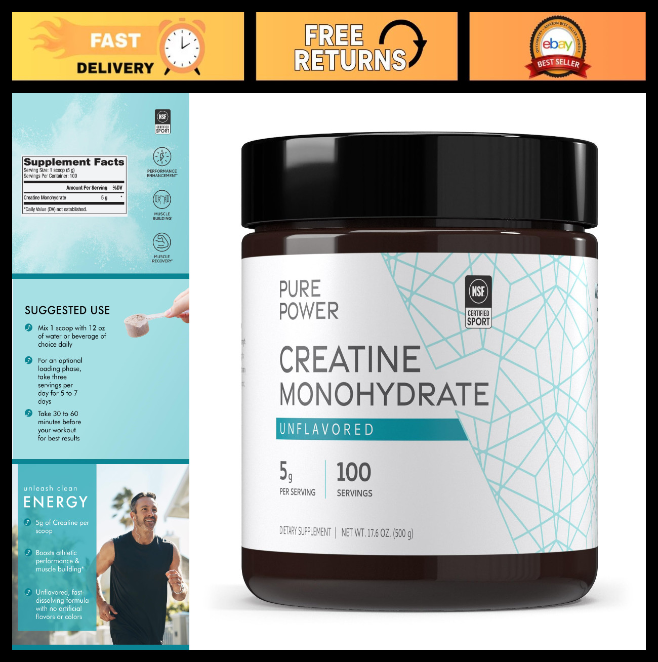 Pure Power Creatine Monohydrate – Unflavored Quick-Dissolving Powder, 100 Servin
