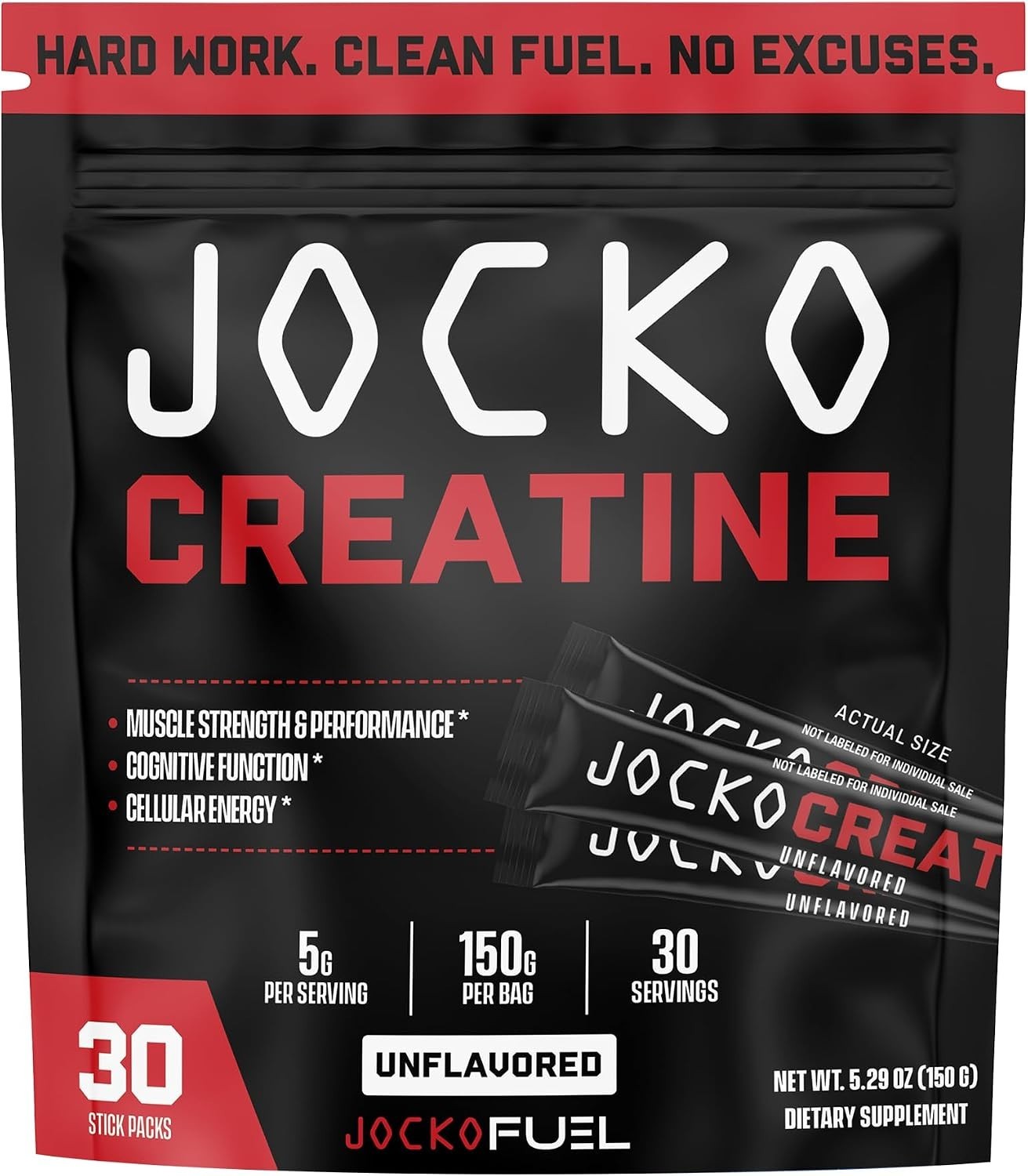 Jocko Fuel Creatine Monohydrate Stick Packs 30 Servings Unflavored Muscle Growth
