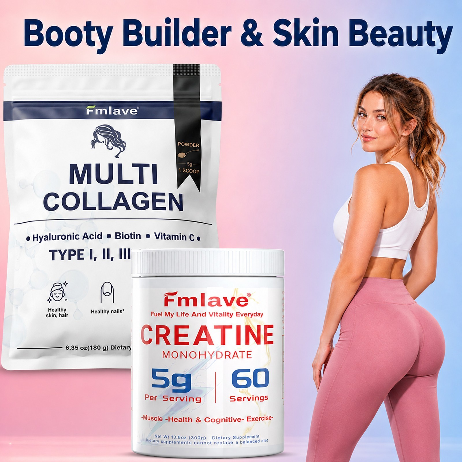 Creatine Monohydrate + Multi Collagen Powder for Women 60 Servings Glute Builder