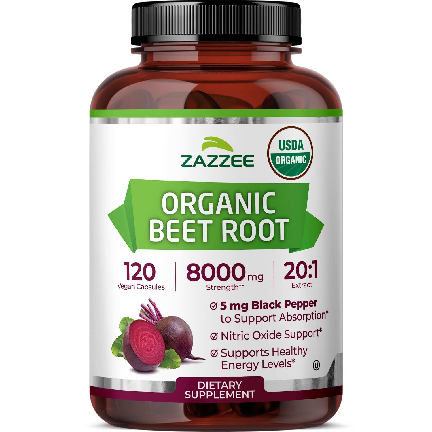 Zazzee USDA Organic Beet Root 8000mg 20:1 Extract 120 Vegan Capsules