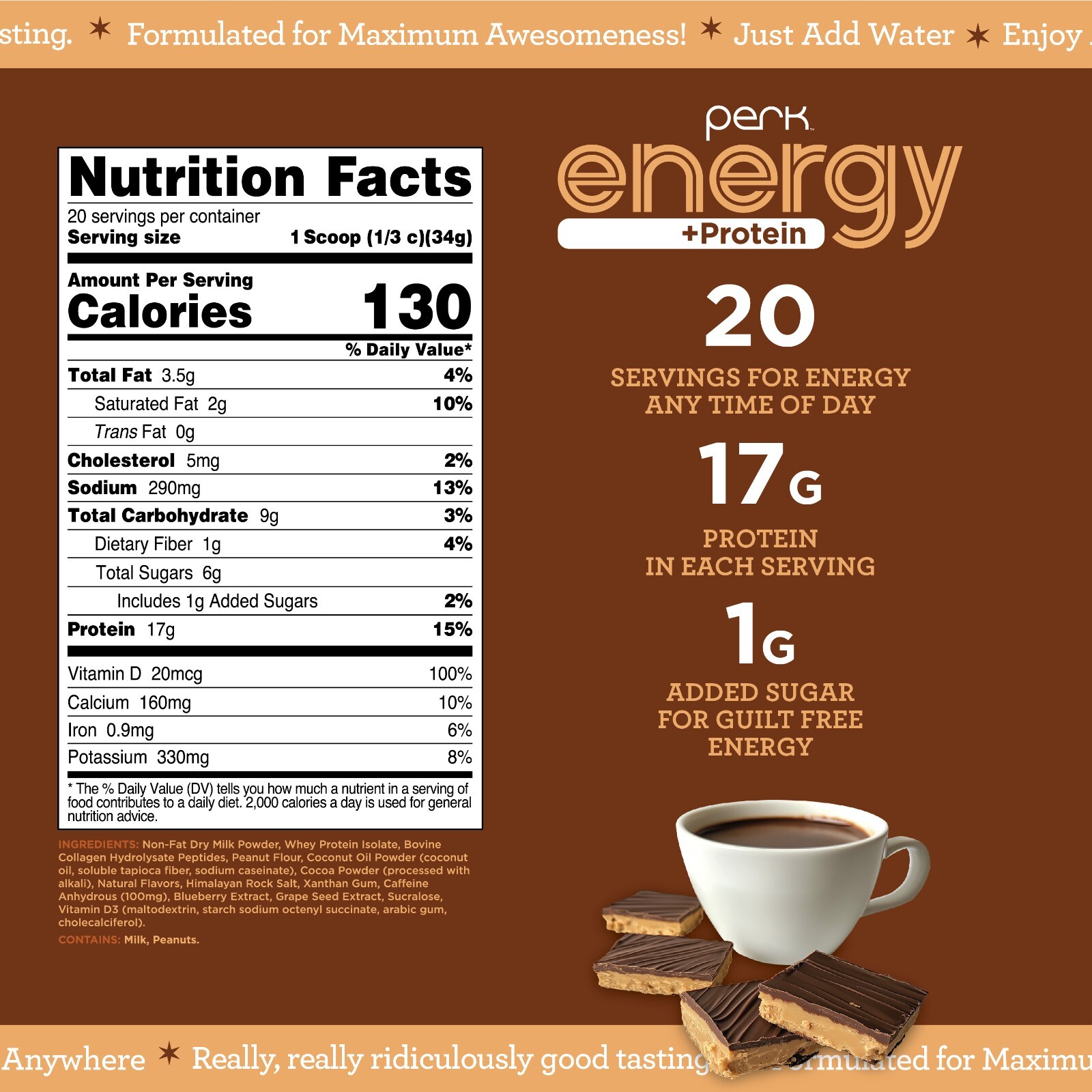 Perk Energy + Protein 20 Serving Chocolate Peanut Butter Flavored Drink Mix