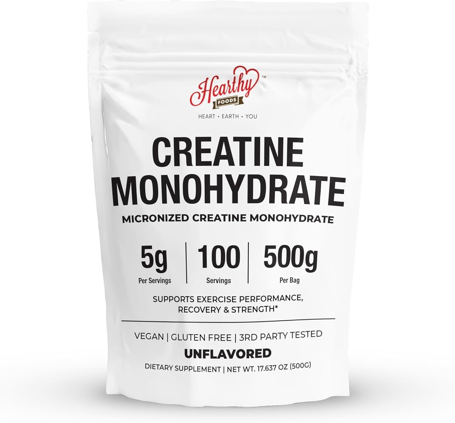 HEARTHY FOODS Creatine Monohydrate Micronized Powder 500G – 100 Servings, 5000m