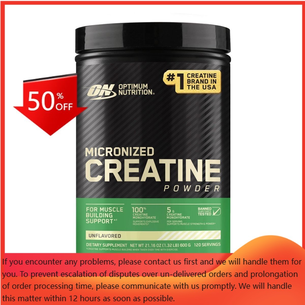 Optimum Nutrition Creatine Monohydrate Powder – Unflavored – 600g – 120 Servings