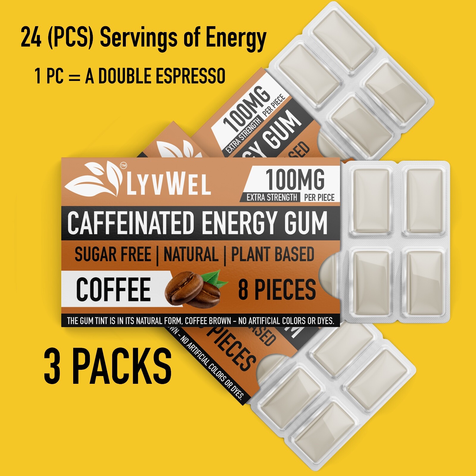 All Natural Energy Focus Coffee fitness Gum 3 Packs pre-workout 100mg Caffeine