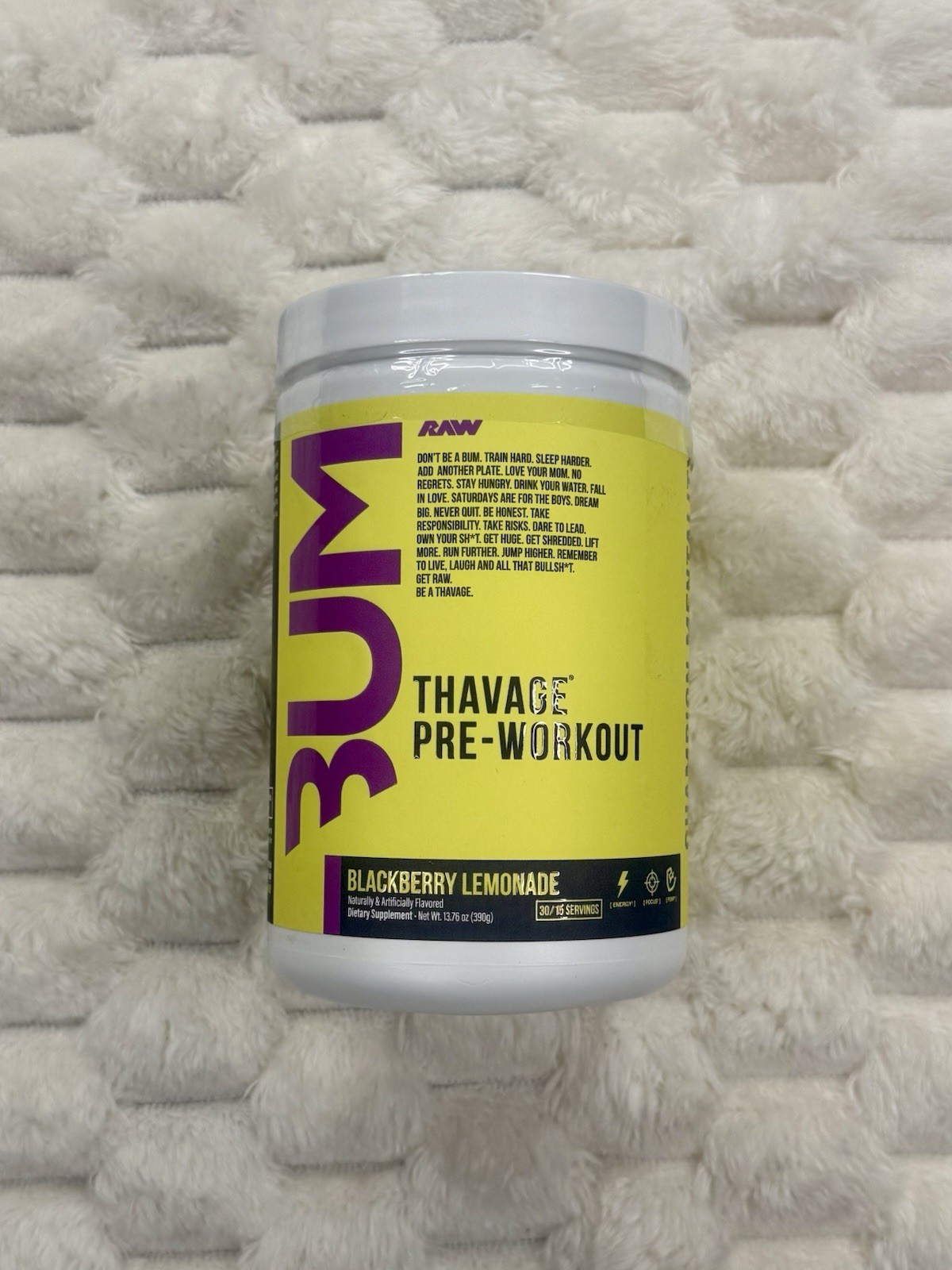 BUM RAW Thavage Pre – Workout *Blackberry Lemonade Powder* 13.76 OZ. Exp: 06/27