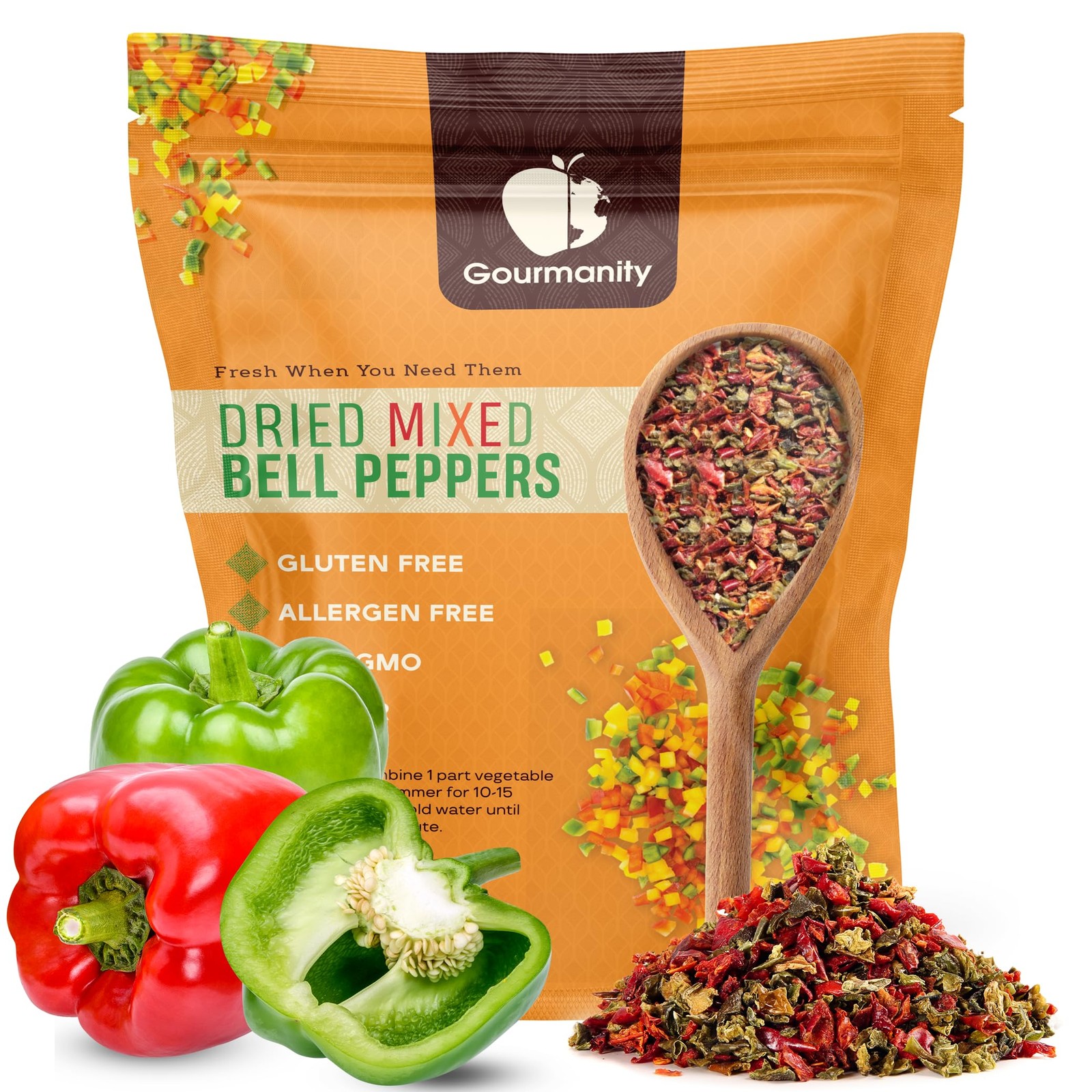 Gourmanity Dried Red & Green Bell Peppers Mix, Diced, 32 oz Bulk Resealable Bag