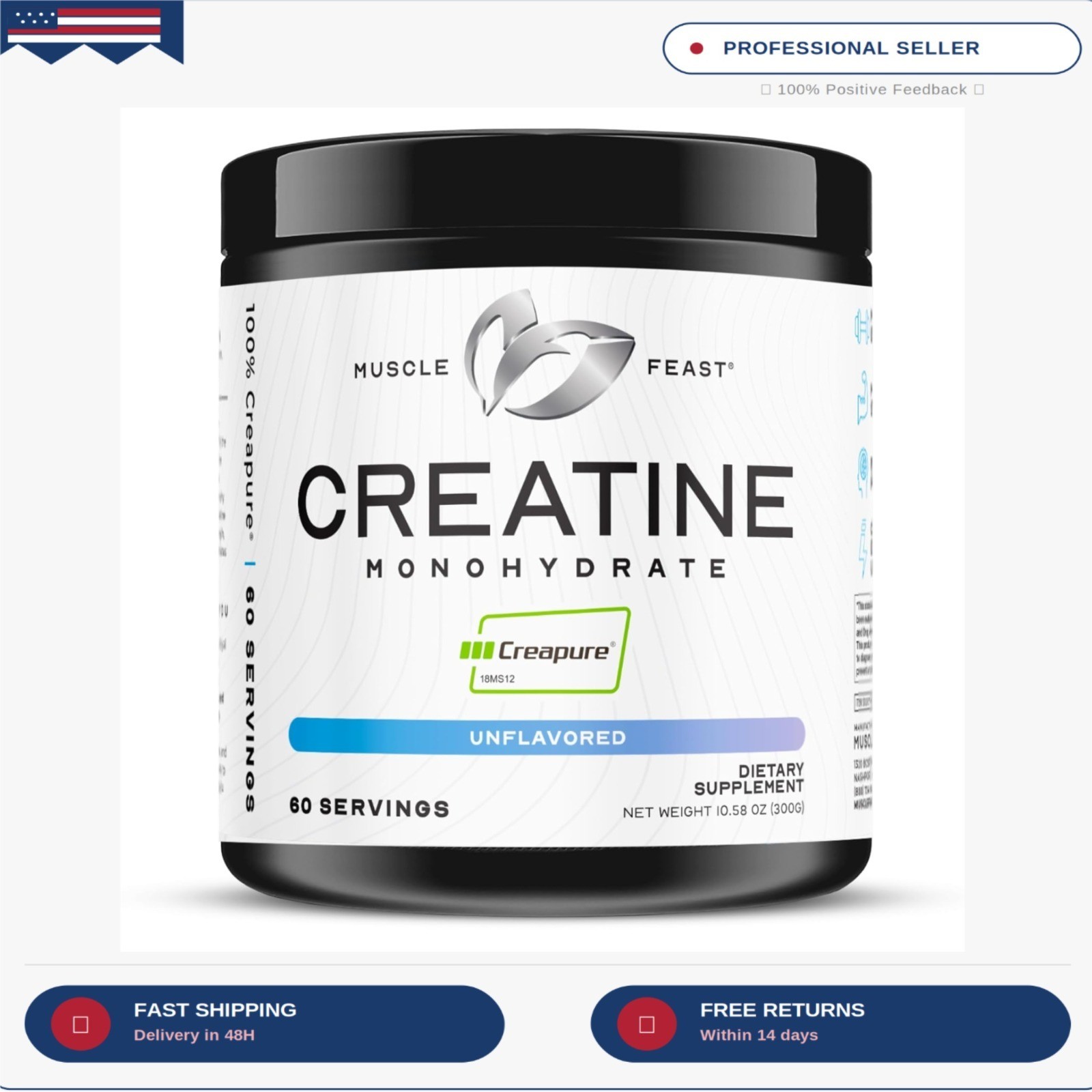 Creapure Creatine Monohydrate Powder, Unflavored (300g) | Vegan, Non-GMO, Keto F