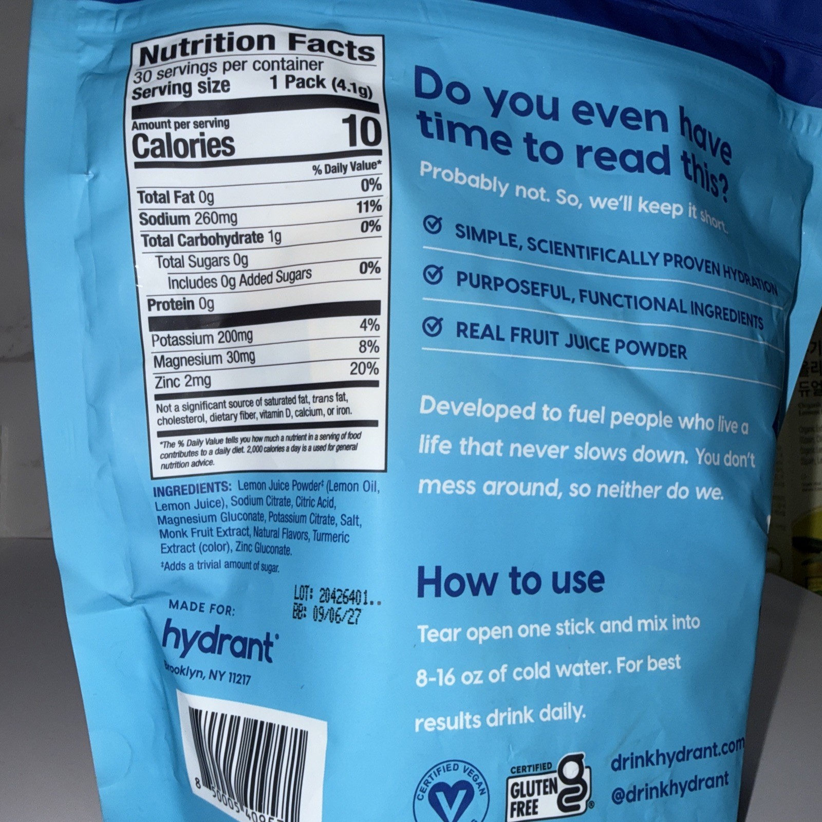 Hydrant Hydrate No Added Sugar Individual Hydration Electrolyte Powder Stick