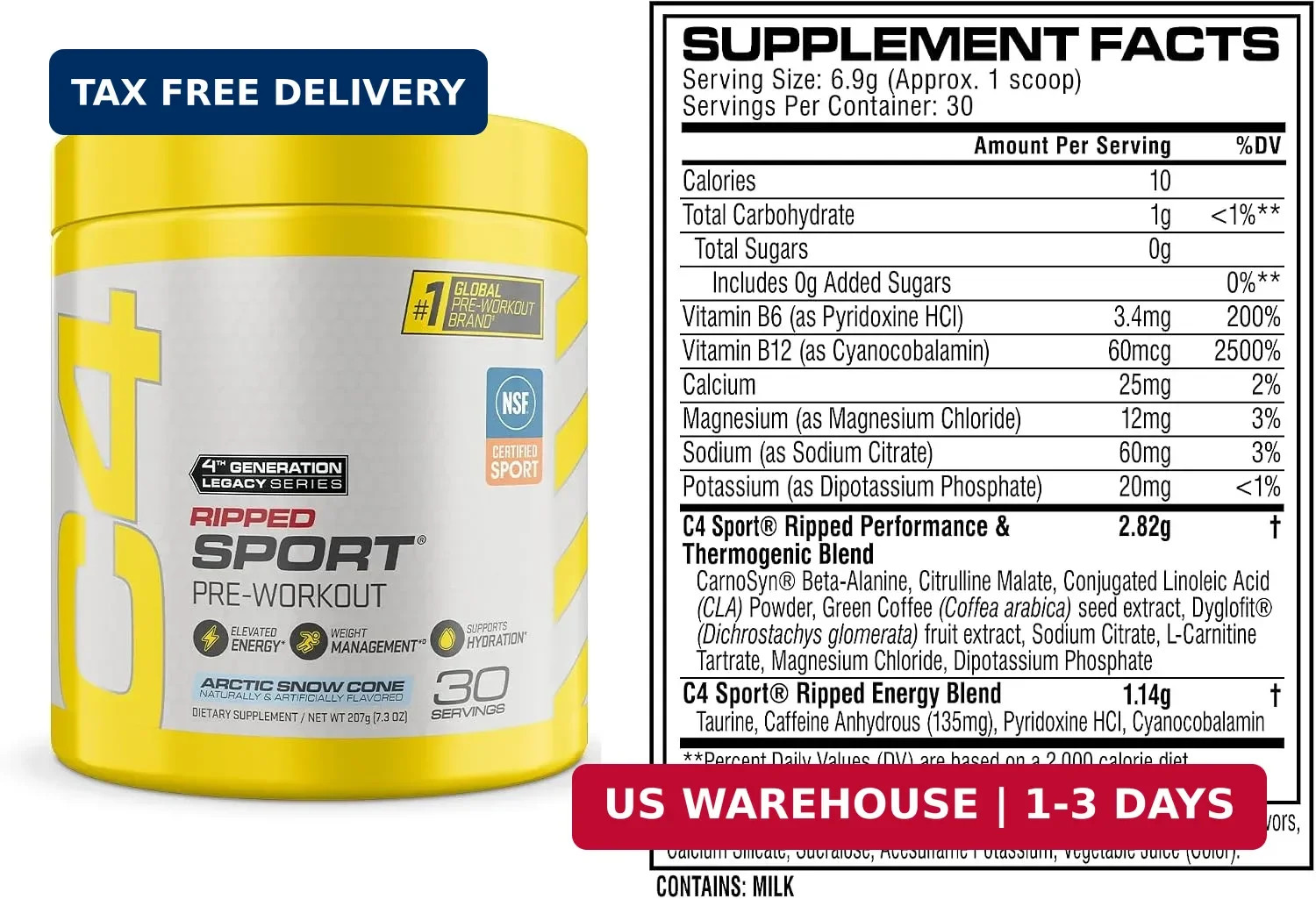 C4 Ripped Sport Pre Workout Powder, 135mg Caffeine, 30 Servings | Arctic snow co