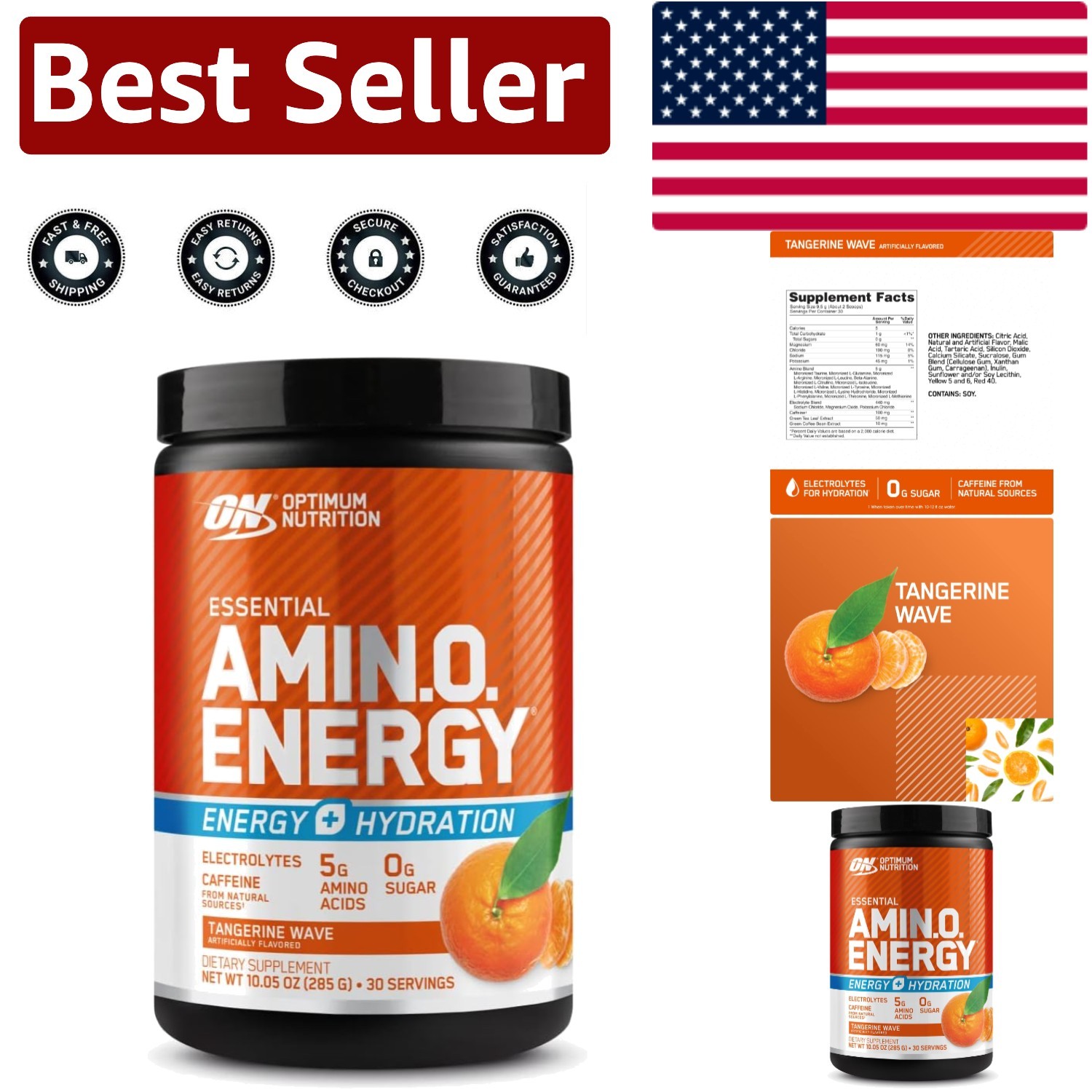 Amino Energy Powder with BCAA & Electrolytes – 10.5 oz Tangerine Wave Flavor