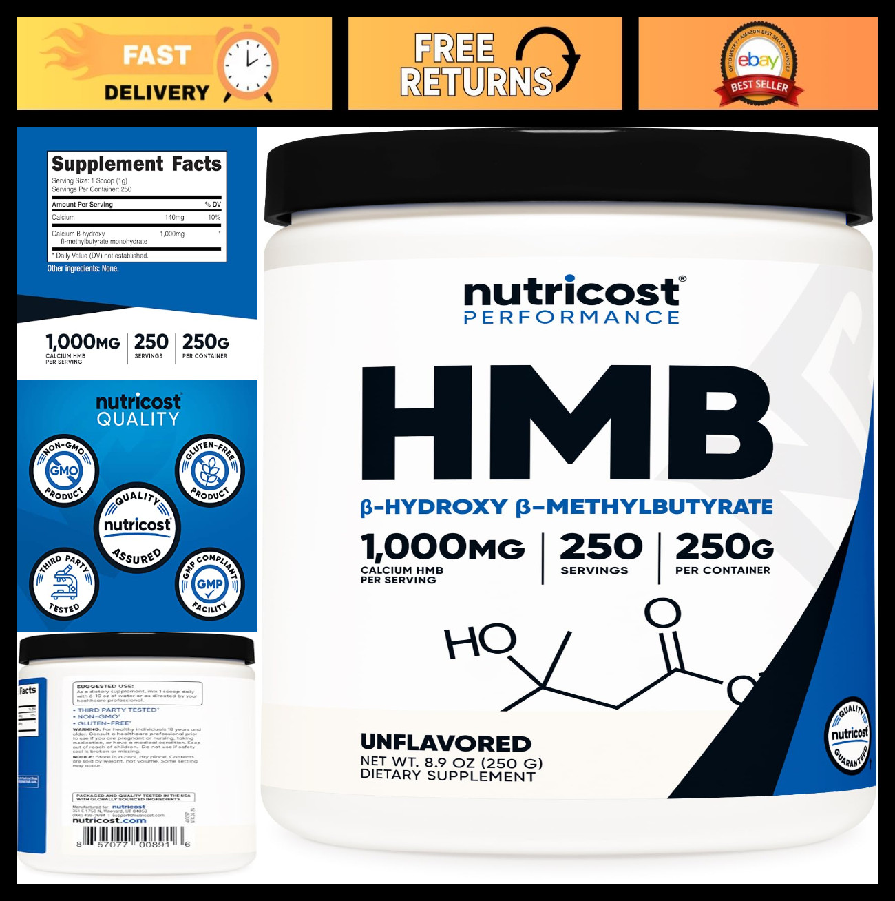 HMB Powder 250g – Beta-Hydroxy Beta-Methylbutyrate, Gluten Free, Non-GMO Supplem