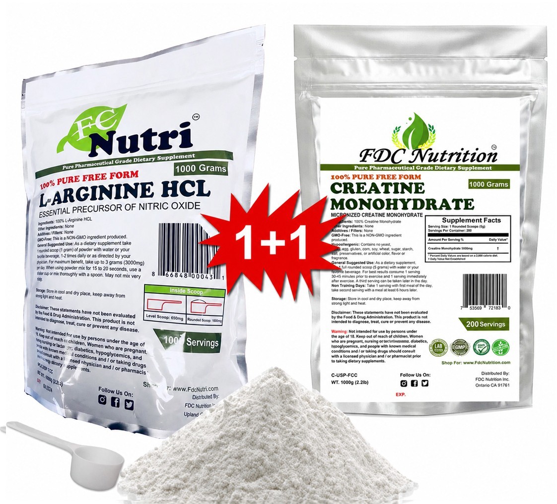 Creatine Monohydrate + Arginine HCL 100% Pure Powder 1000g (2.2 lb) Micronized p