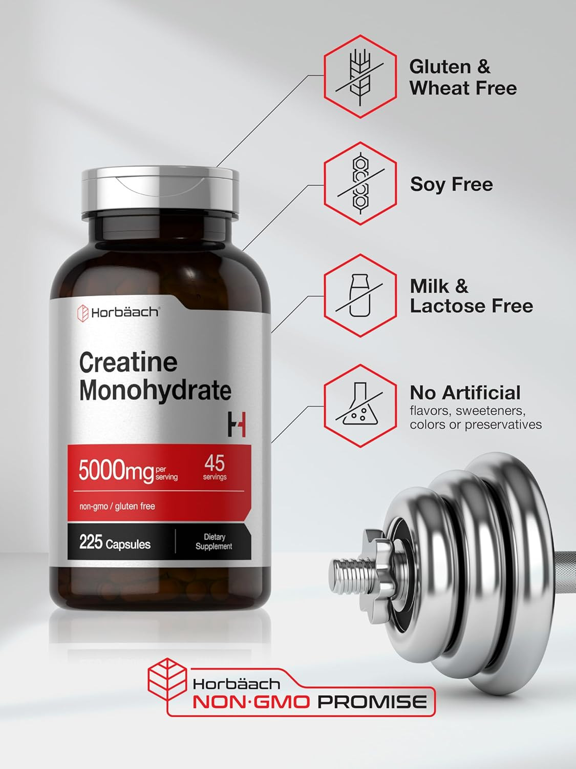 Horbäach Creatine Monohydrate 5000mg 225 Capsules Non-Gmo Gluten Free Supplement