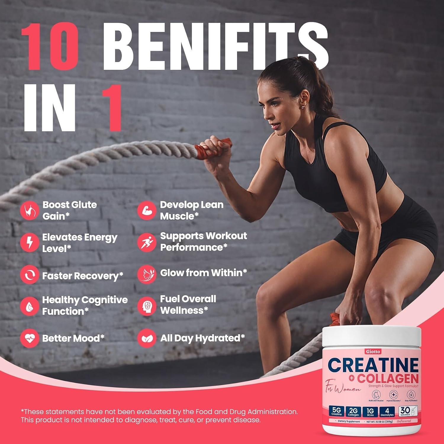 Giotto Creatine for Women Micronized Monohydrate Powder Collagen BCAAs 30 Serve