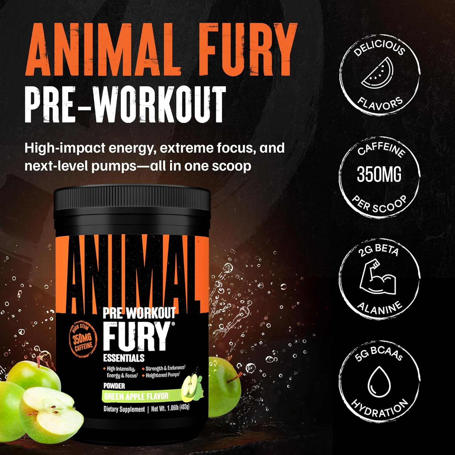 Fury Pre Workout Powder – Green Apple, 350Mg Caffeine, BCAA Amino Acids, 2G Beta