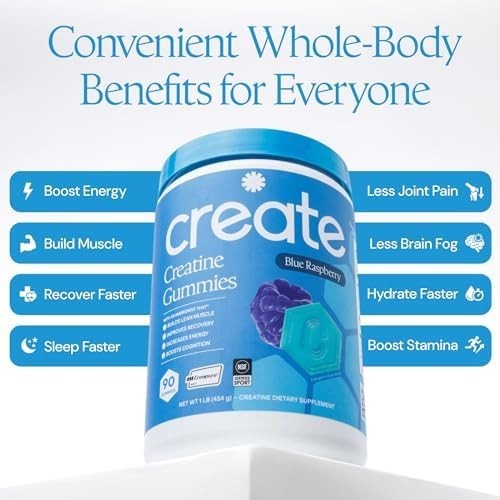Create Creatine Gummies 1.5g Focus Strength Endurance Vegan Blue Raspberry 90ct