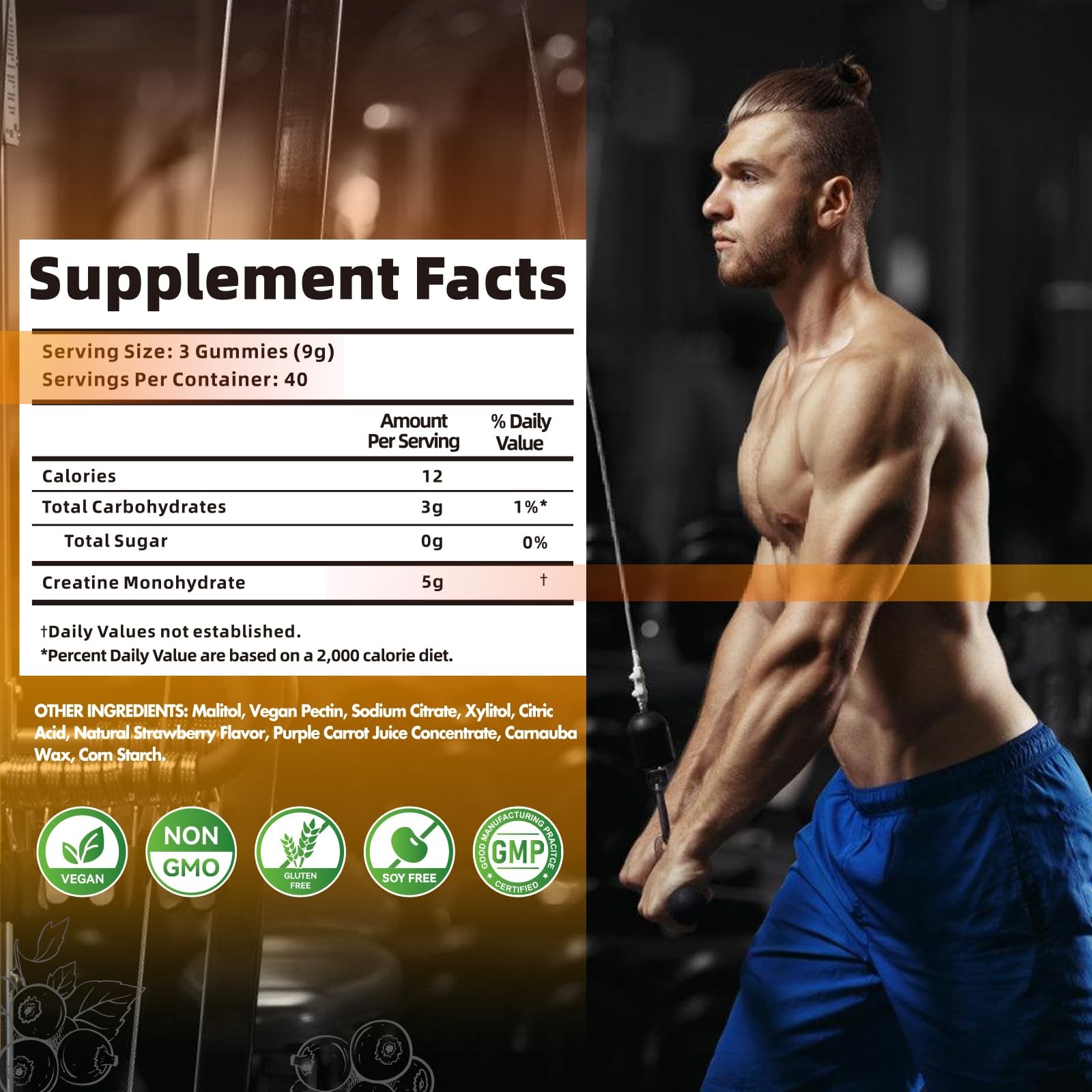 Creatine Monohydrate Gummies – 5g Per Serving, Sugar-Free, Vegan, 120 Count