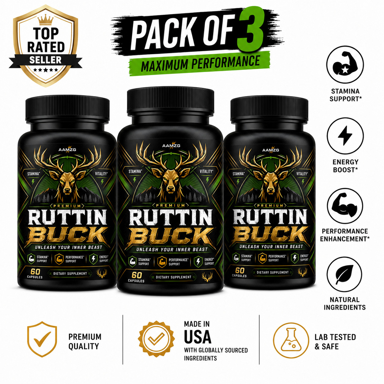 3x Aamzg Ruttin Buck Advanced Male Support Max Supplement Vitamin 180 Capsule