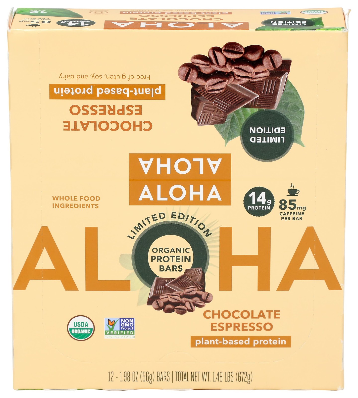 Aloha Organic Chocolate Espresso Protein Bars 14G Plant-Based Protein 85Mg