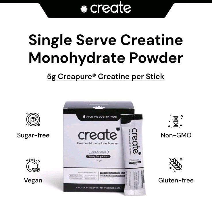 Create Creatine Monohydrate Powder Unflavored 30ct On-The-Go Stick Packs 08/2027
