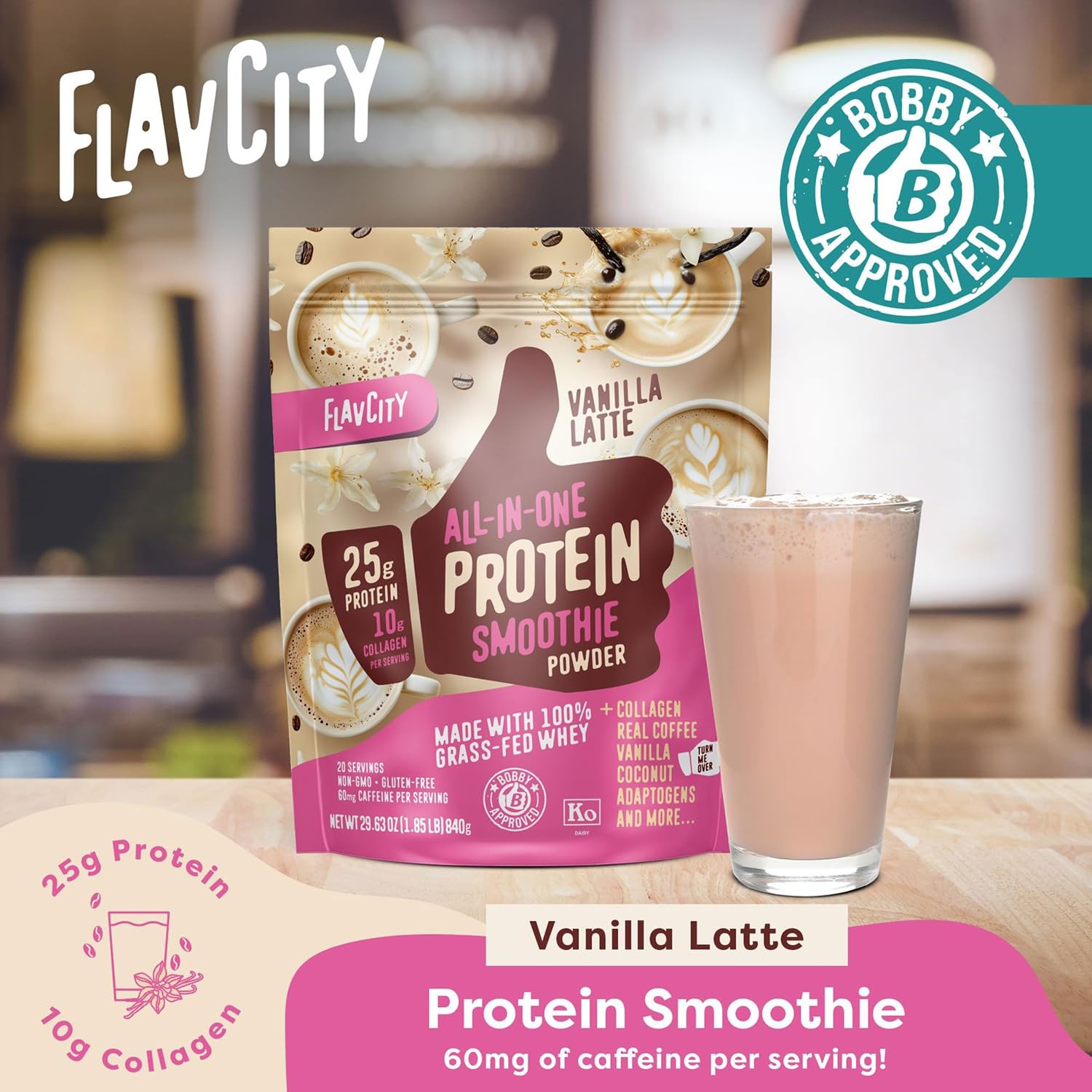 Grass Fed Whey Protein Powder – Vanilla Latte – 25g Protein, 10g Collagen & 60mg
