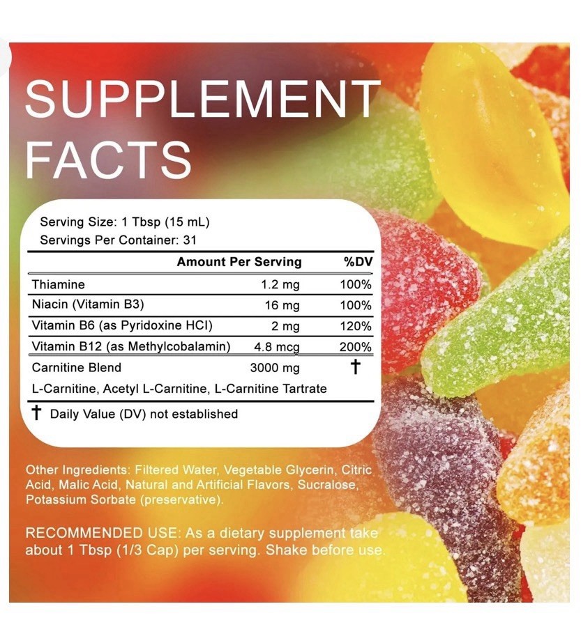 L-Carnitine Liquid 3000mg Sour Gummy Worm – Energy & Metabolism Support 16oz