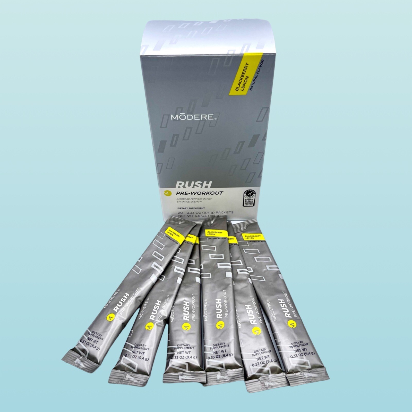 Modere Rush Pre-Workout Blackberry Lemon 20 Packets- New In Box- Free Shipping!
