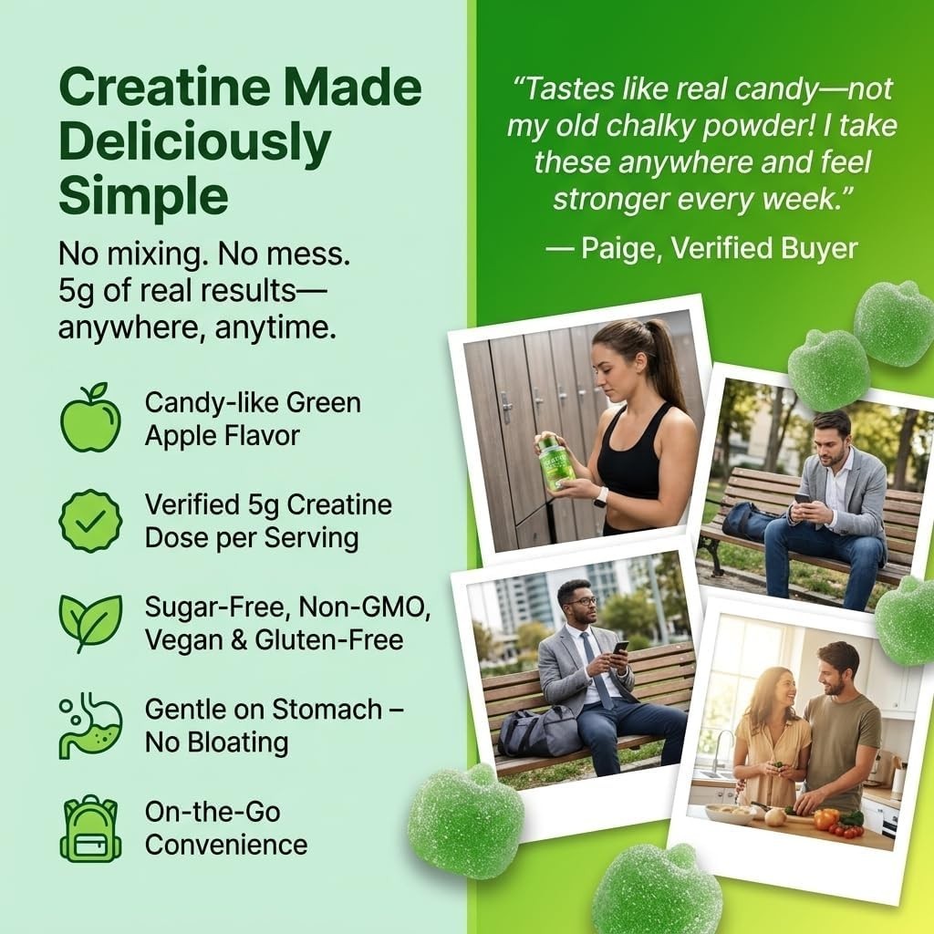 Creatine Monohydrate Gummies Sugar Free 5000mg 5g Per Serving Sour Green Apple