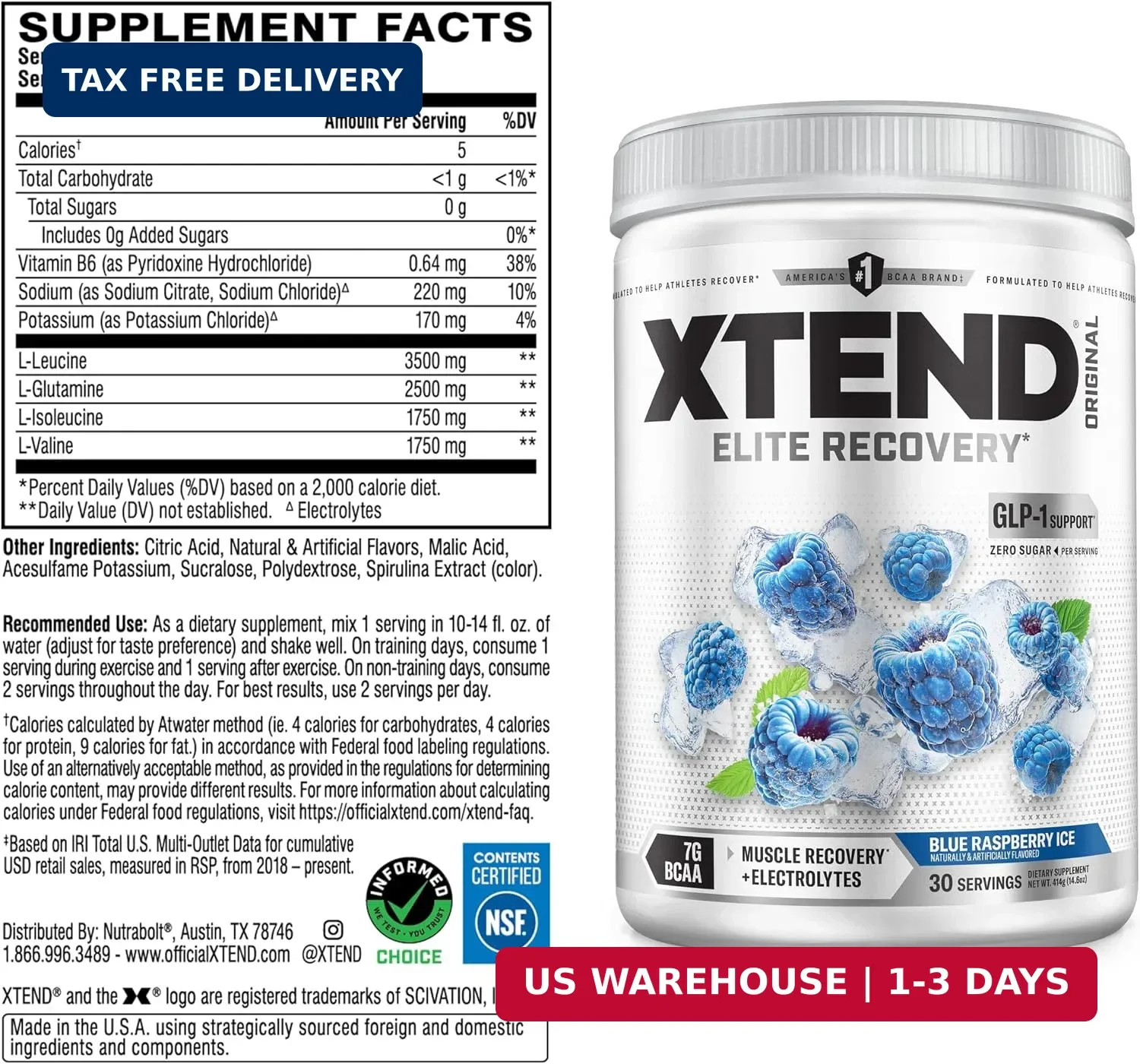 Xtend Original BCAA Powder with Zero Sugar, 7g BCAA, 30 Servings