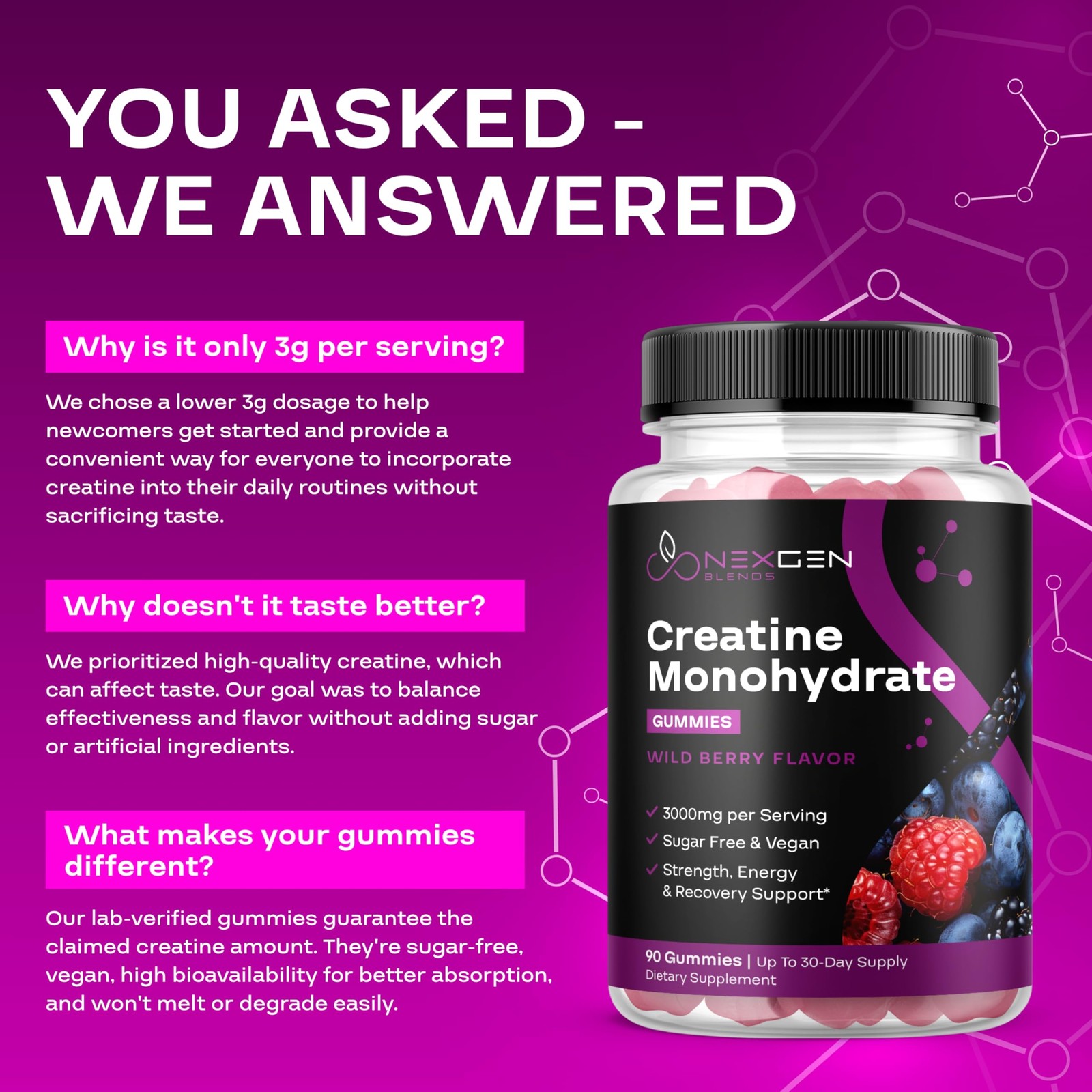 Gomitas Monohidrato De Creatina Fuerza Músculo y Energía Para Hombres y Mujeres