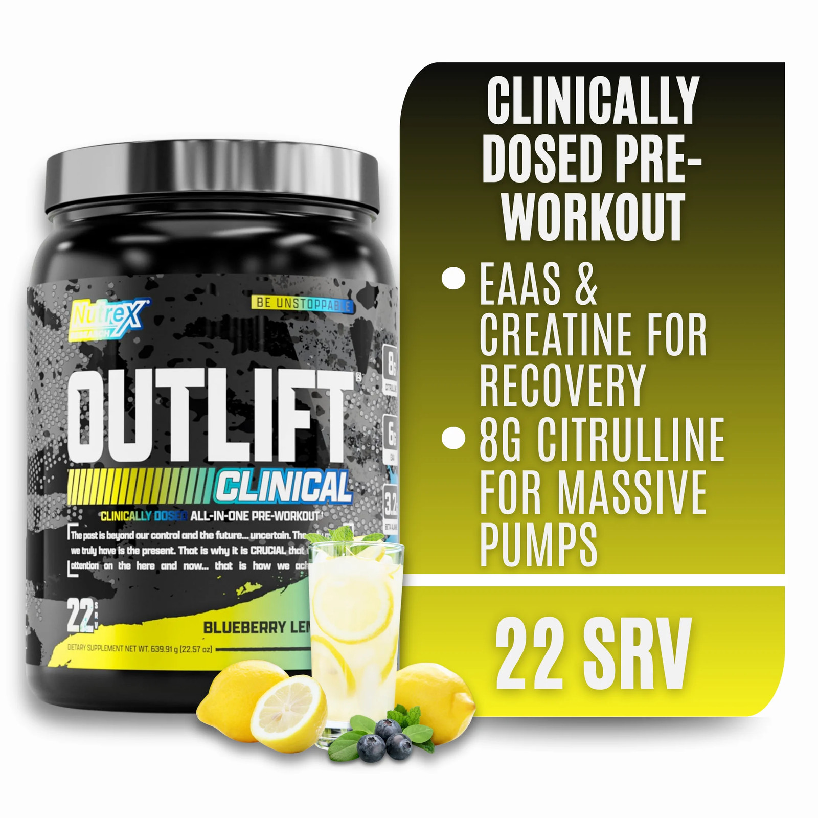 Outlift Clinically Dosed Pre Workout Powder with Creatine, 8G Citrulline, BCAA –