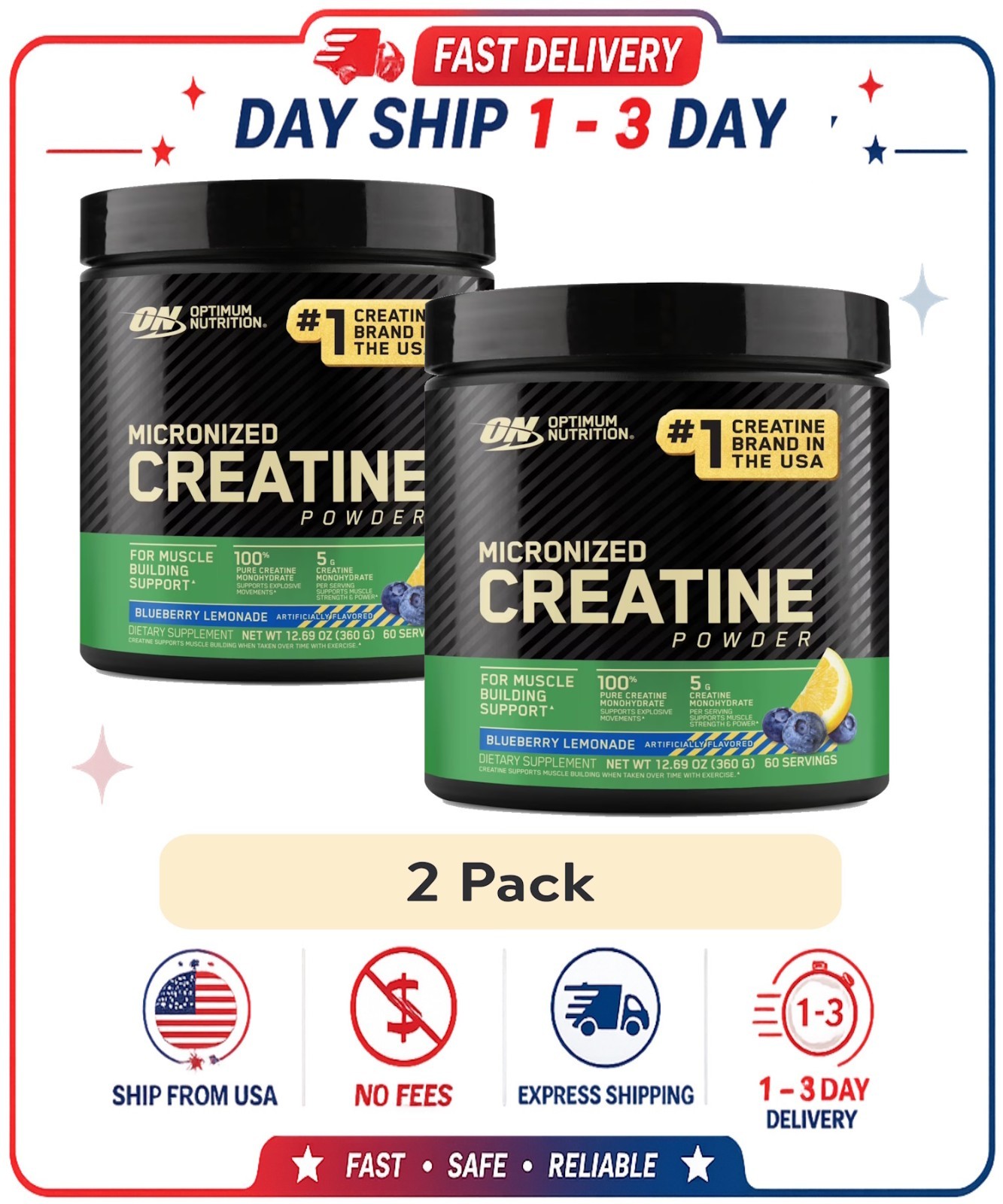 (2 pack) Optimum Nutrition Blueberry Lemonade Micronized Creatine Powder,60 Serv