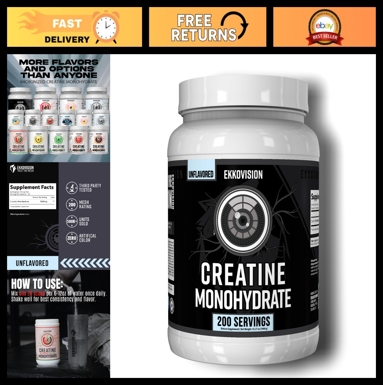 Micronized Creatine Monohydrate Powder, Unflavored, 200 Servings, Pre & Post Wor
