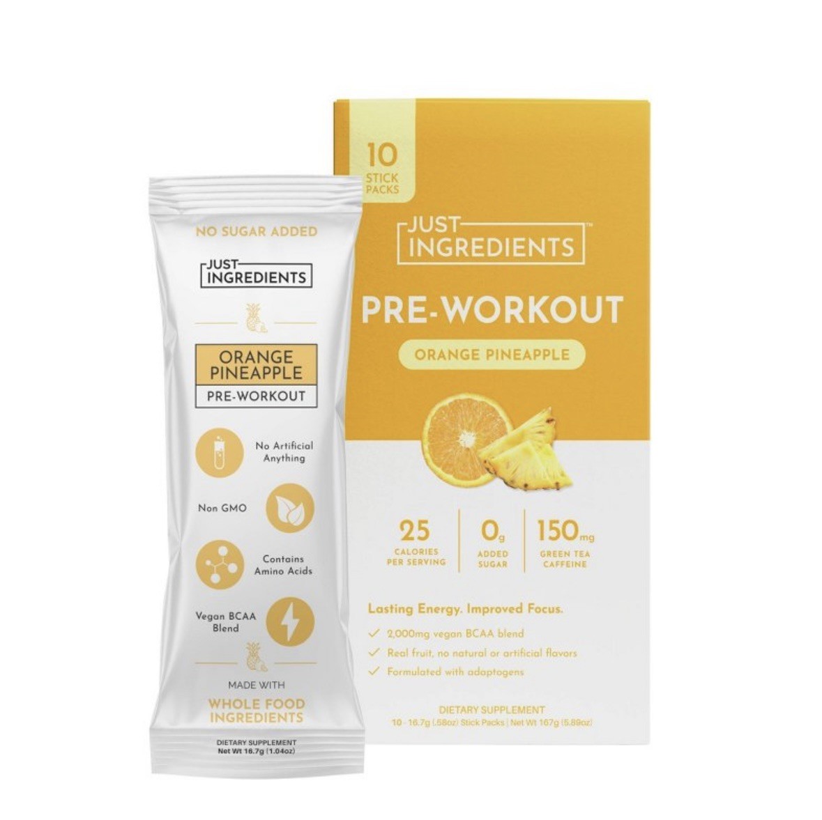 *2*JUST INGREDIENTS Pre-Workout Sports Drink Powder Packet Orange Pineapple-10ct